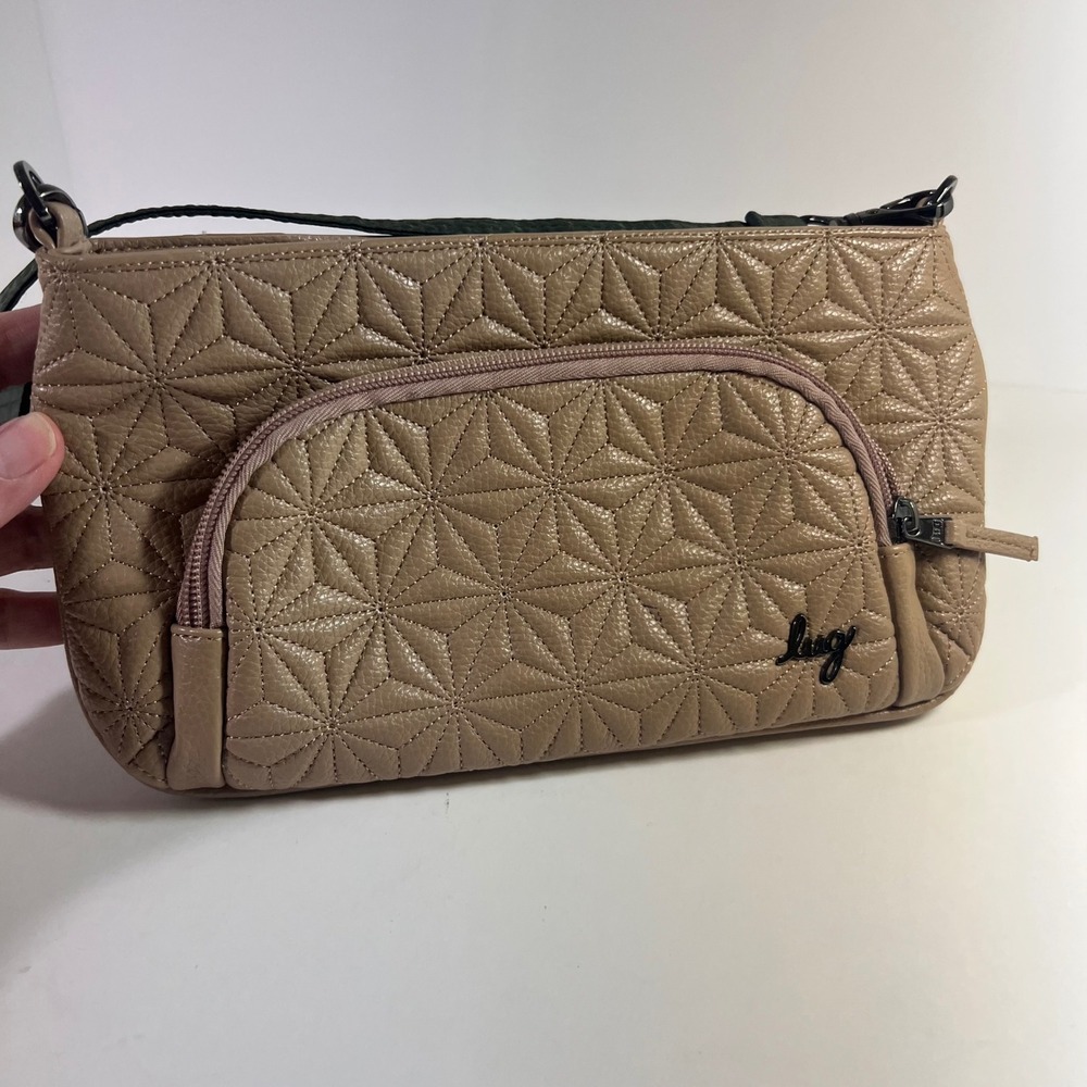 Lug Flyer Luxe Convertible Crossbody Bag VeganLeather Tan Geometric 5 x 10" - Picture 2 of 8